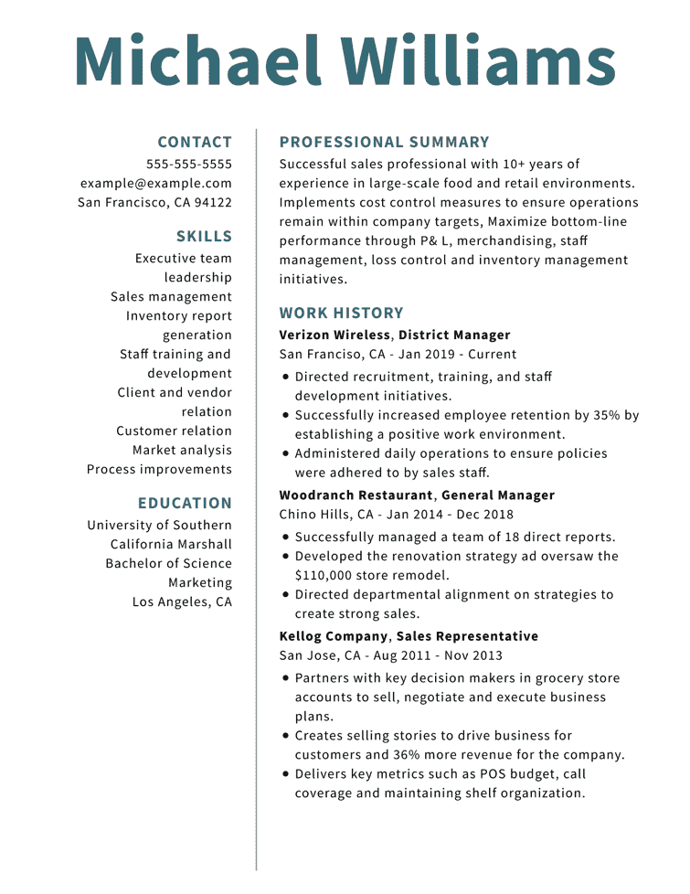 Resume example using Angora template with blue heading.
