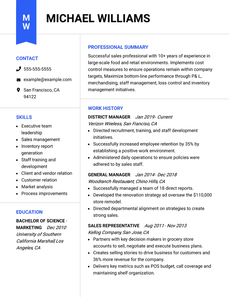 Resume example using Blueprint template.