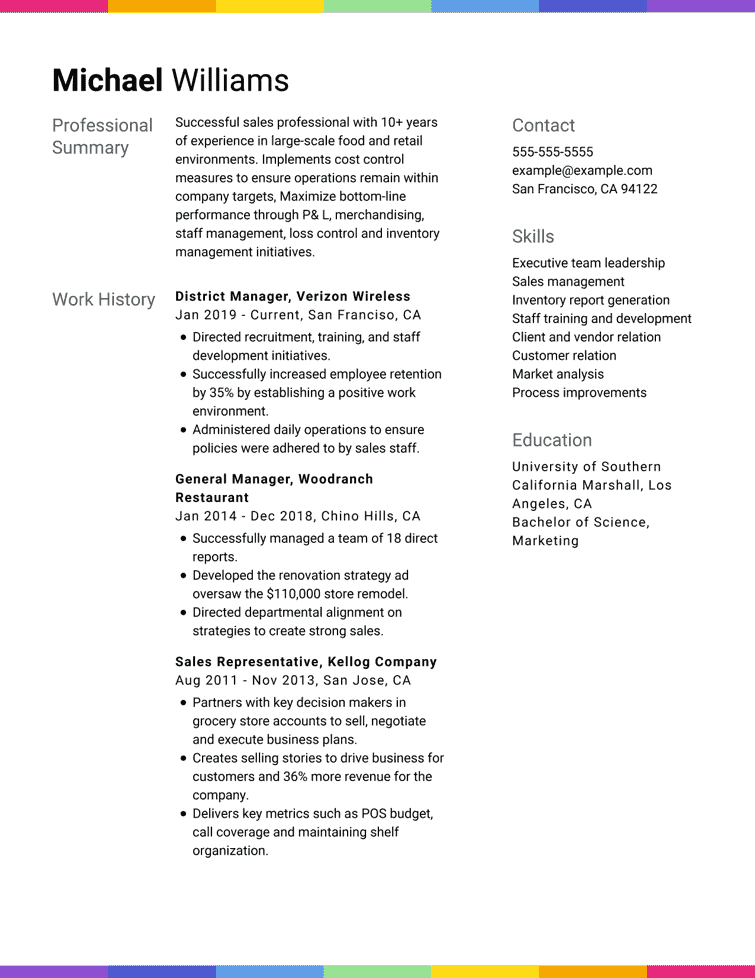 Resume example using Flapjack template with colorful details