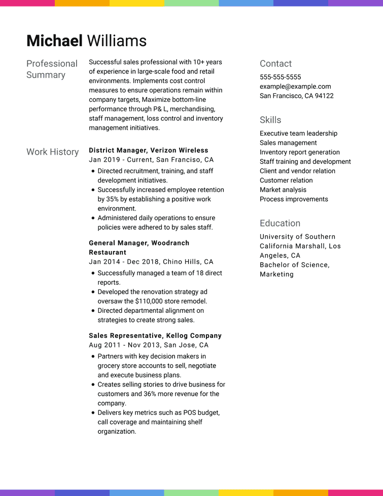 Resume example using Flapjack template with rainbow details
