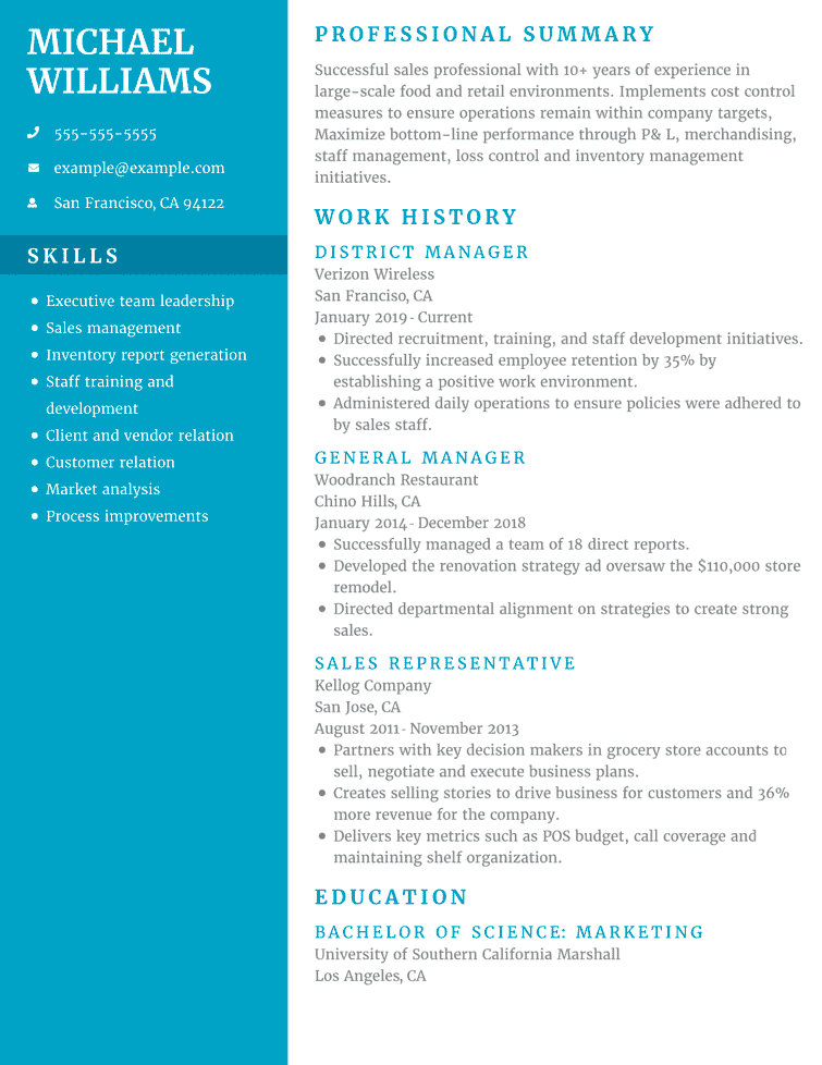 Resume example using Revival template with blue side bar