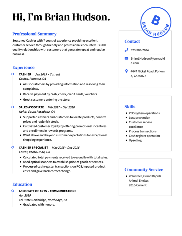 cashier resume example