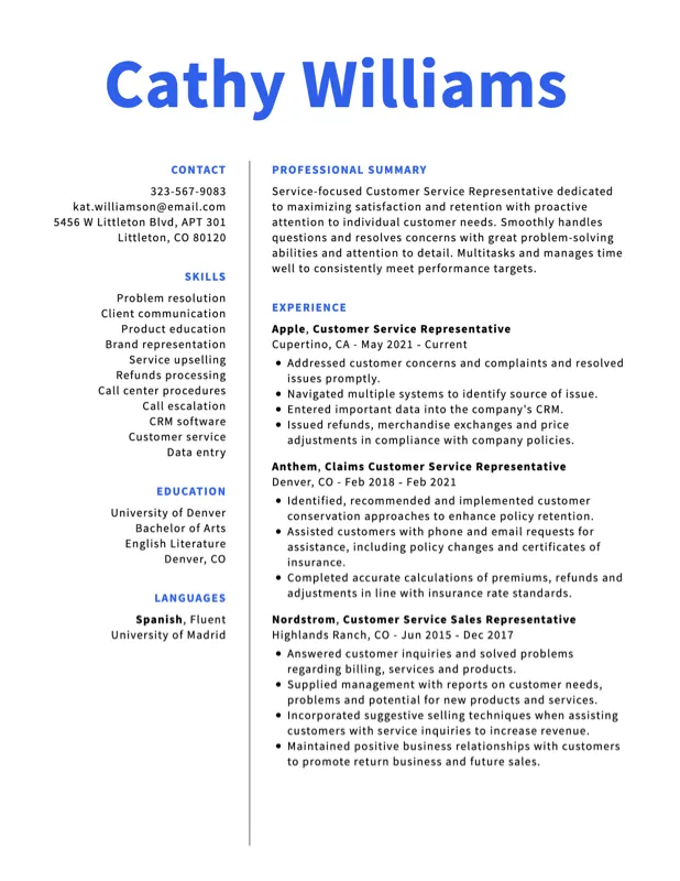 Customer Service resume example