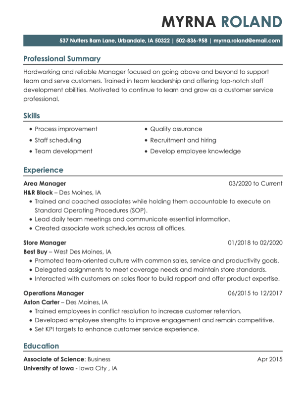 manager resume example