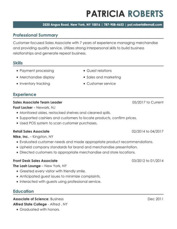 Sales Associate resume example