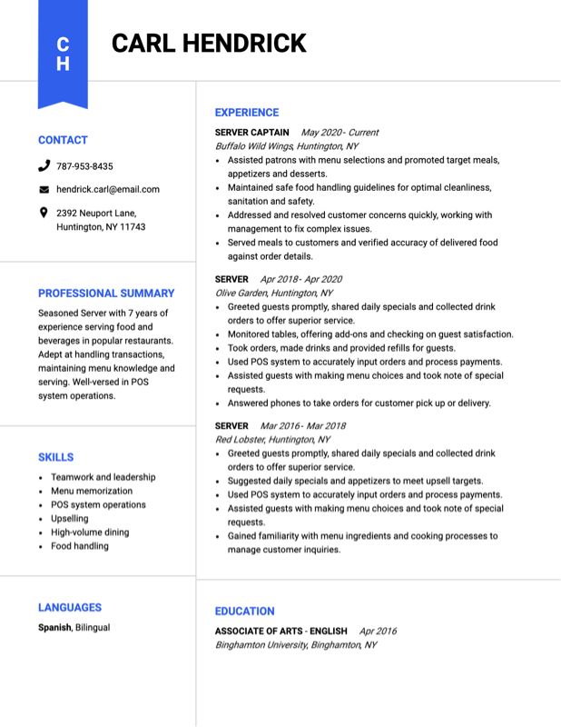 server resume example