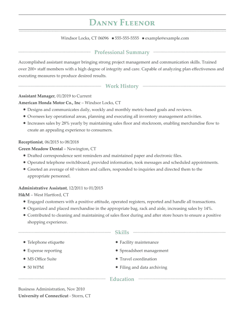 Assistant Manager Resume Example