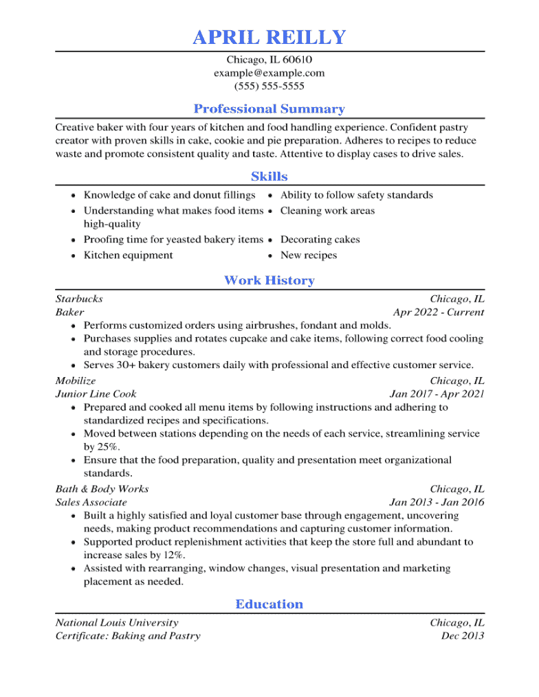 resume summary example for baker