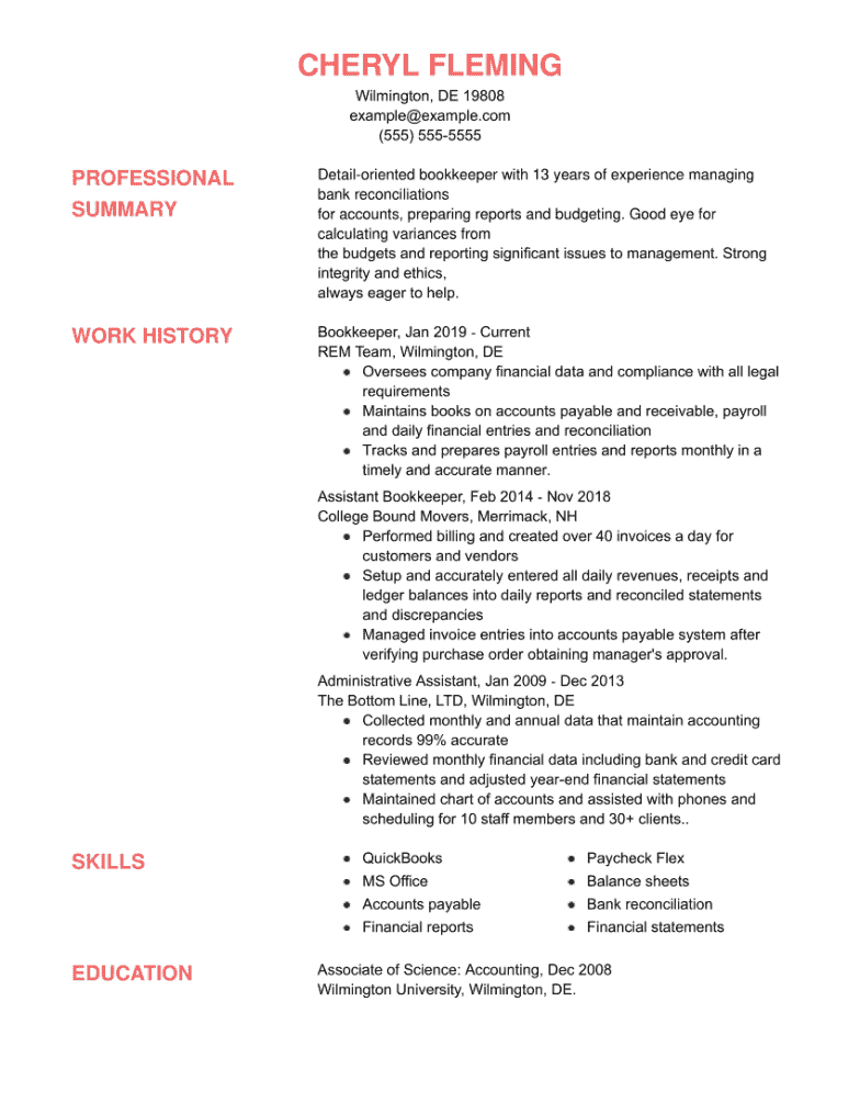 Bookkeeper Resume Example