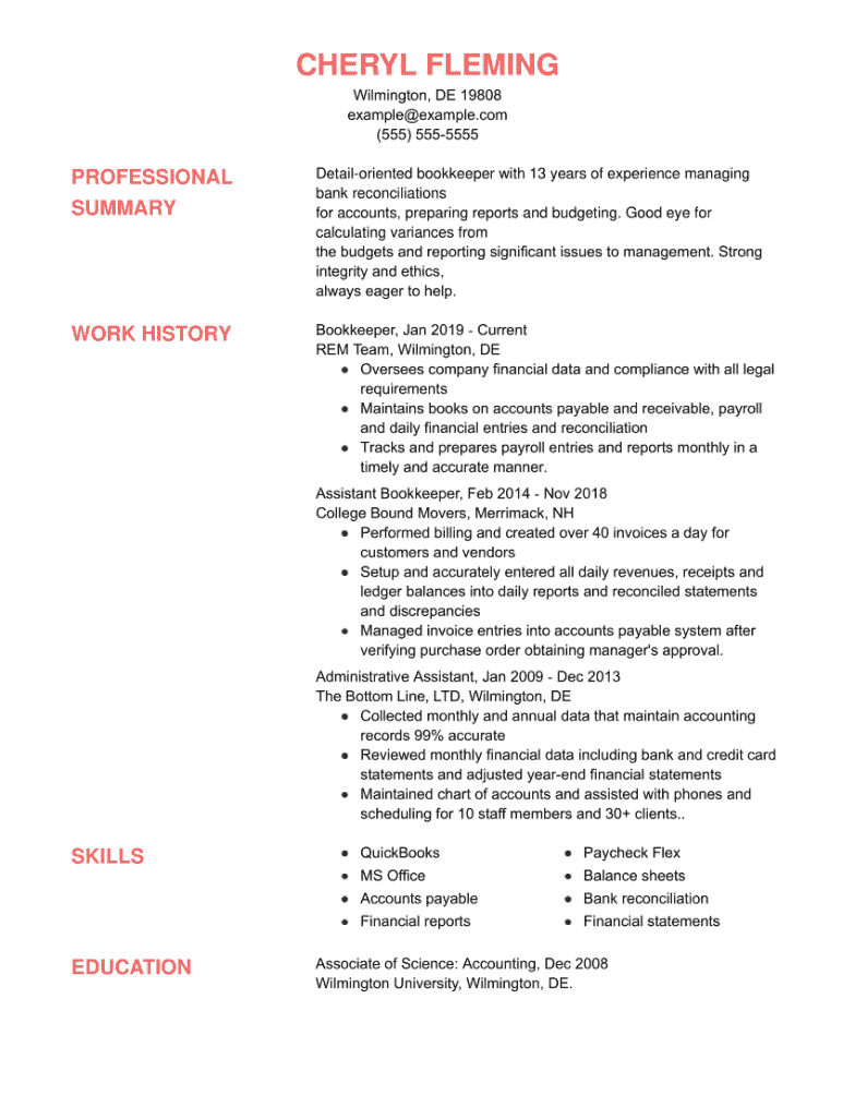 Bookkeeper resume example