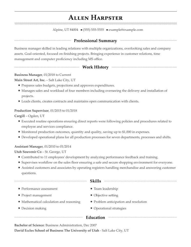 Business Manager Resume Example