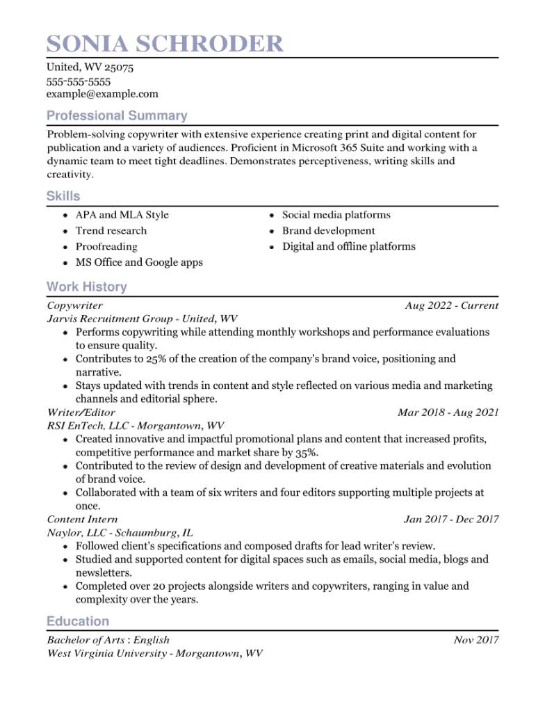 Copywriter Resume Example