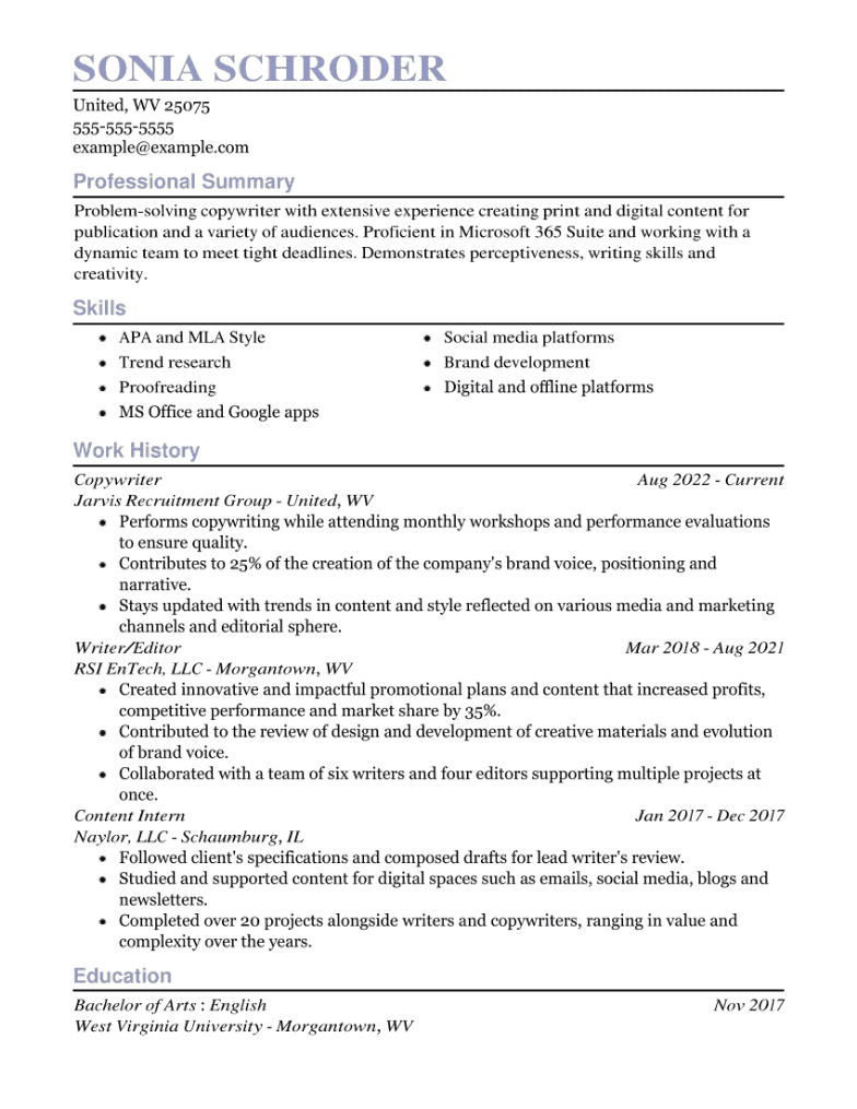 Copywriter resume example