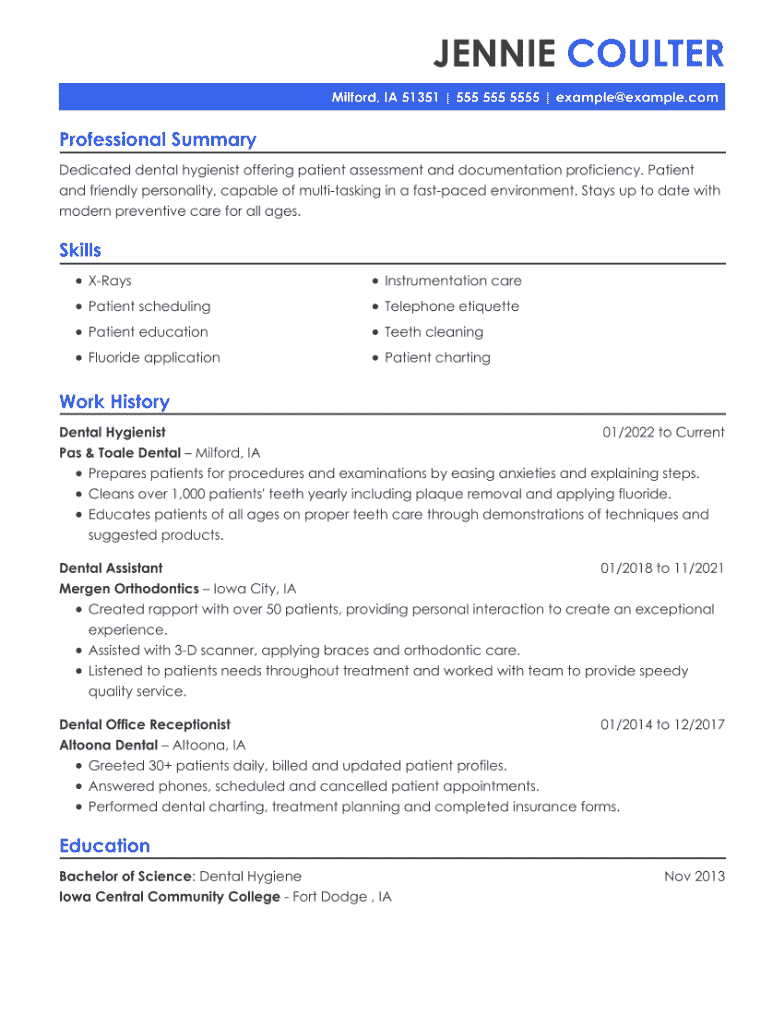 Dental hygiene resume example