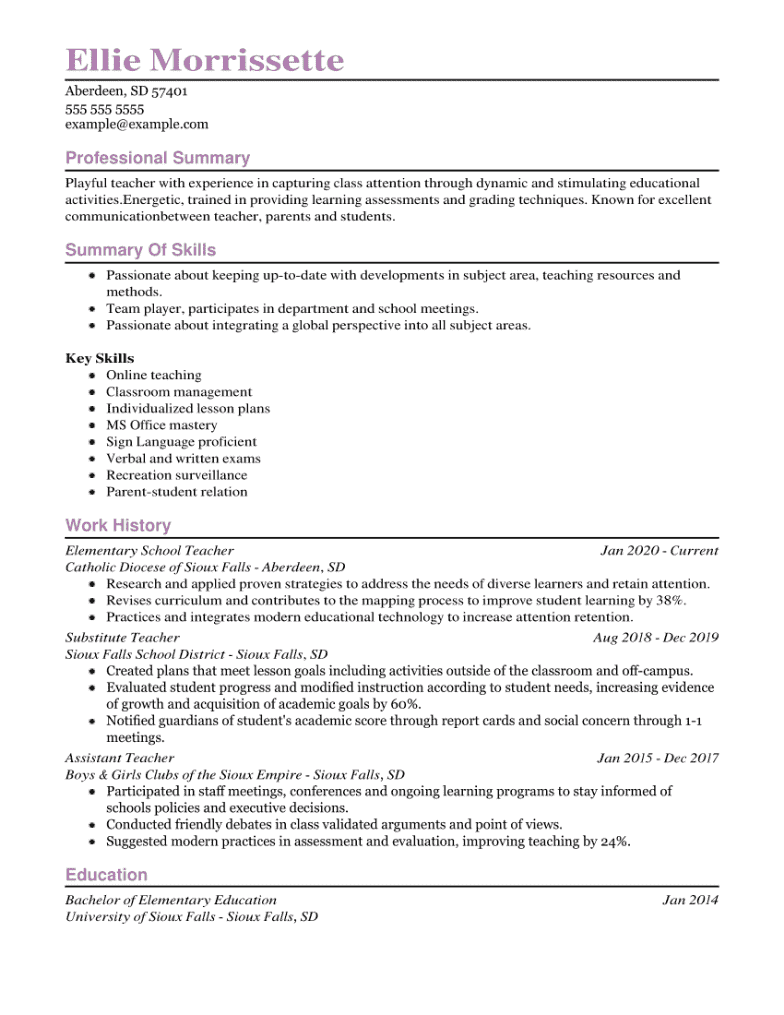 Elementary Teacher Resume Example