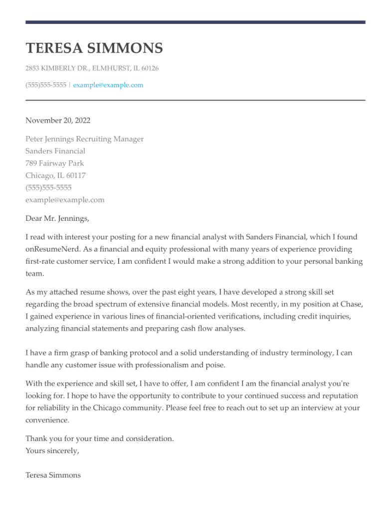 financial analyst cover letter example
