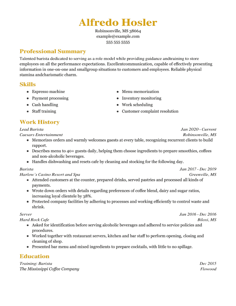 Food Service Resume Example