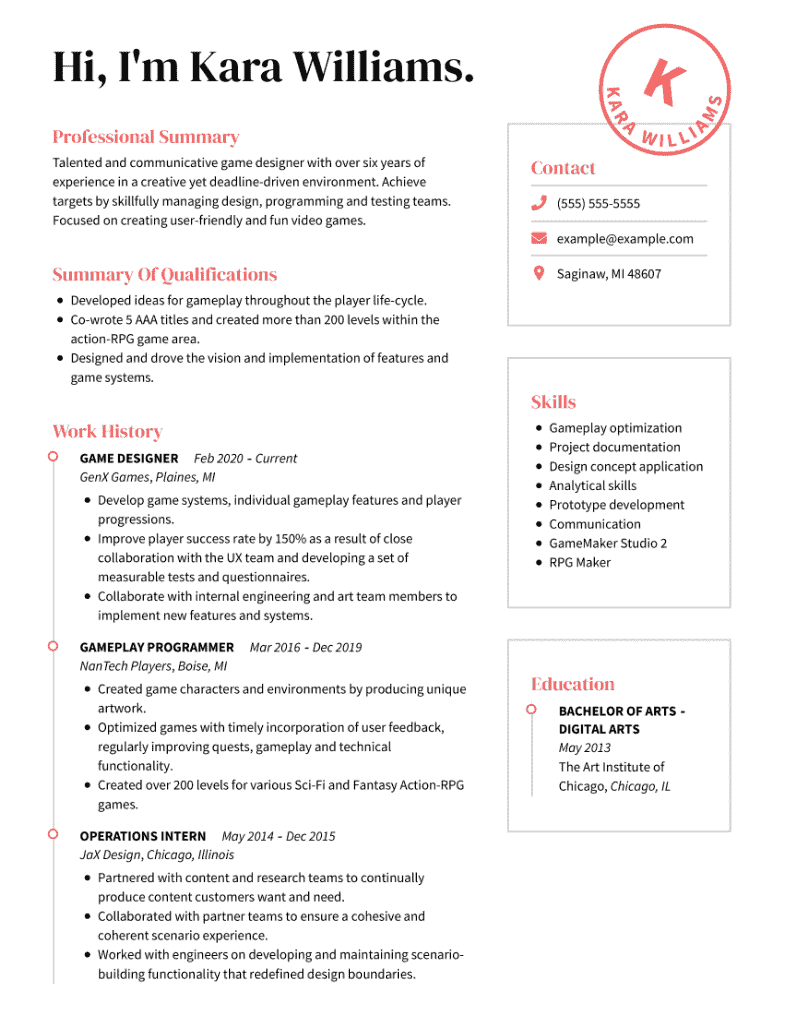 Game design resume example