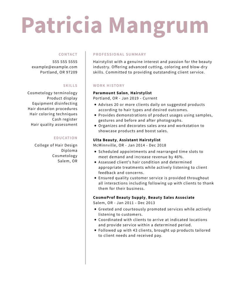 Hair stylist resume example