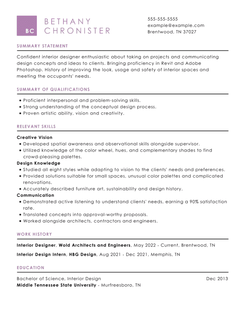 Interior Design Resume Example