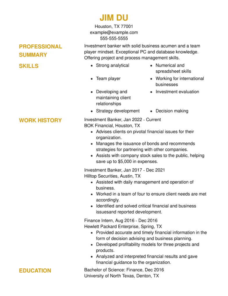 Investment Banker Resume Example