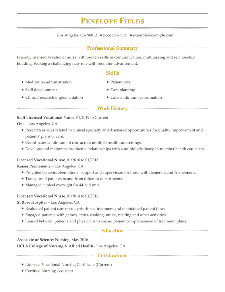 Licensed Vocational Nurse LVN Resume Example