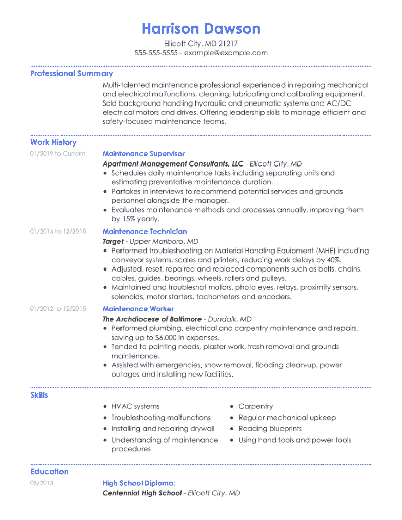 Maintenance Resume Example