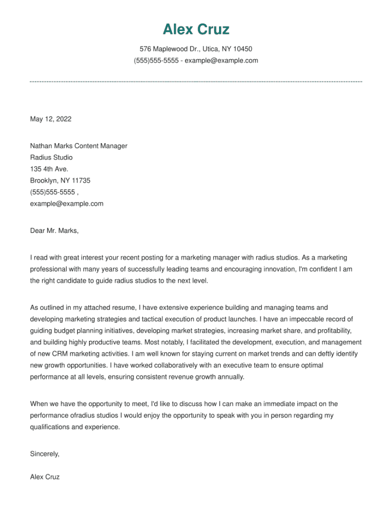Marketing Manager Cover Letter Example
