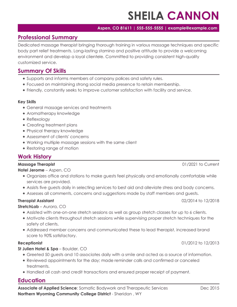 Massage Therapist Resume Example