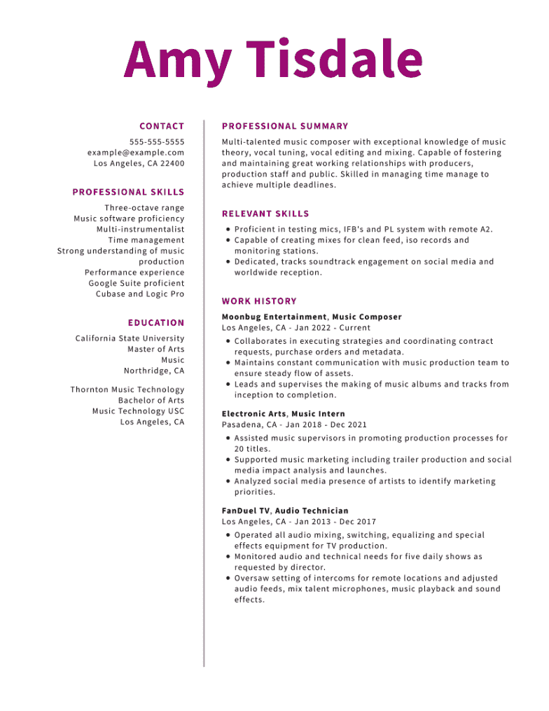 Music Resume Example
