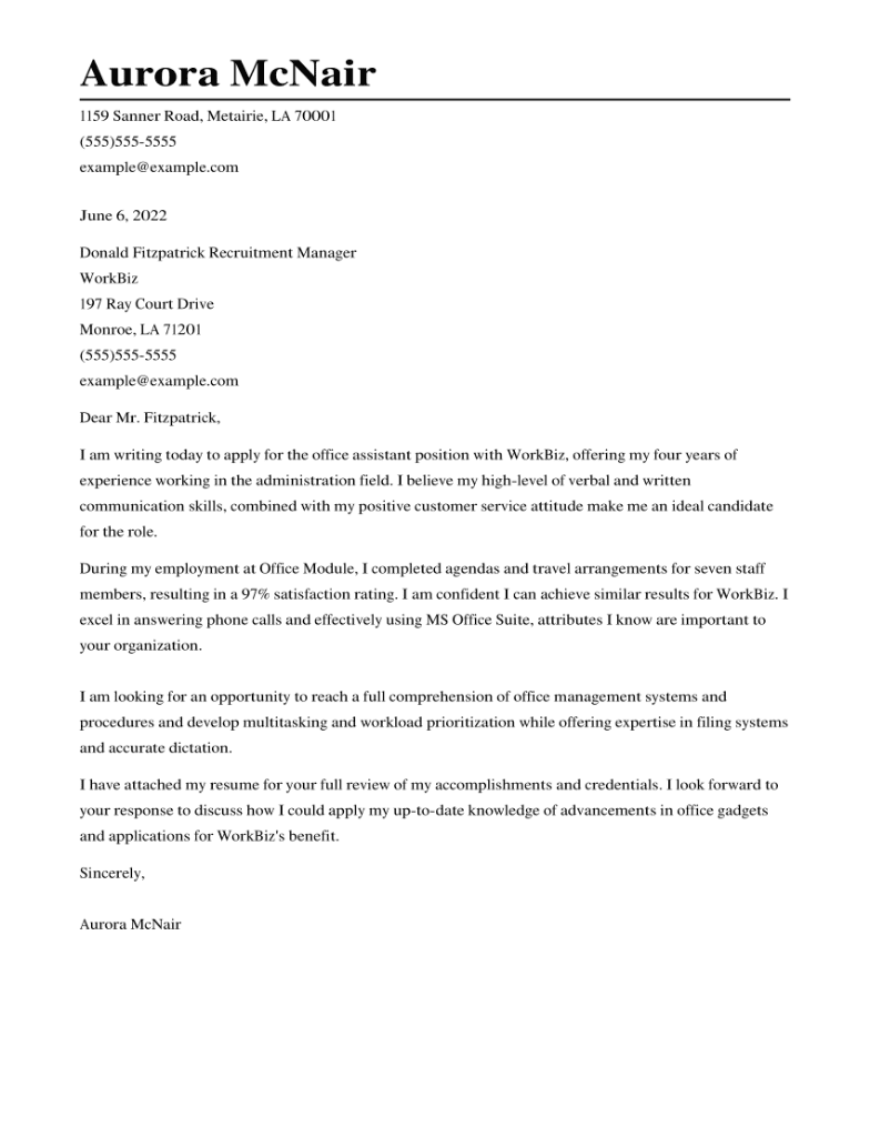 Office Assistant Cover Letter Example