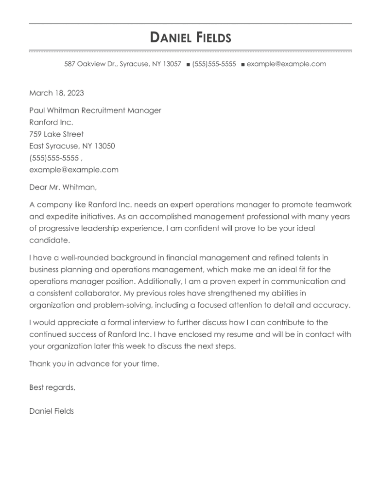 Operations Manager Cover Letter Example