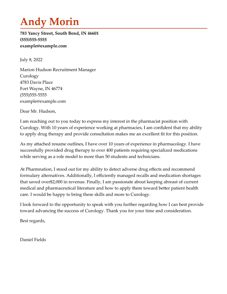 Pharmacist Cover Letter Example
