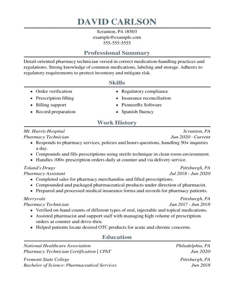 sample resume pharmacy technician