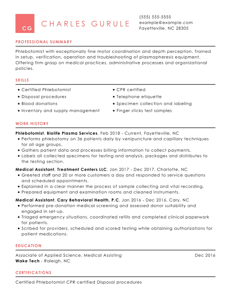 Phlebotomy Resume Example