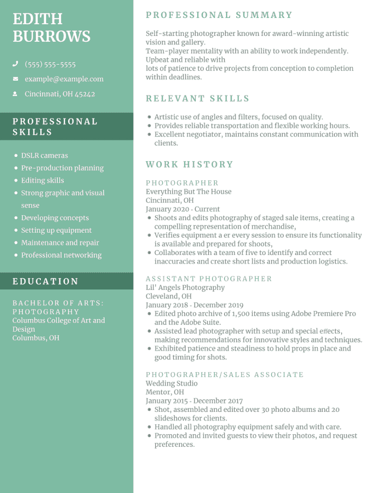Photographer Resume Example