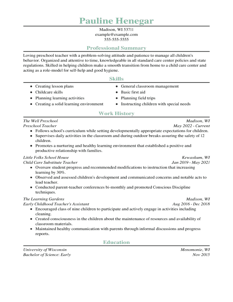 Preschool Teacher Resume Example