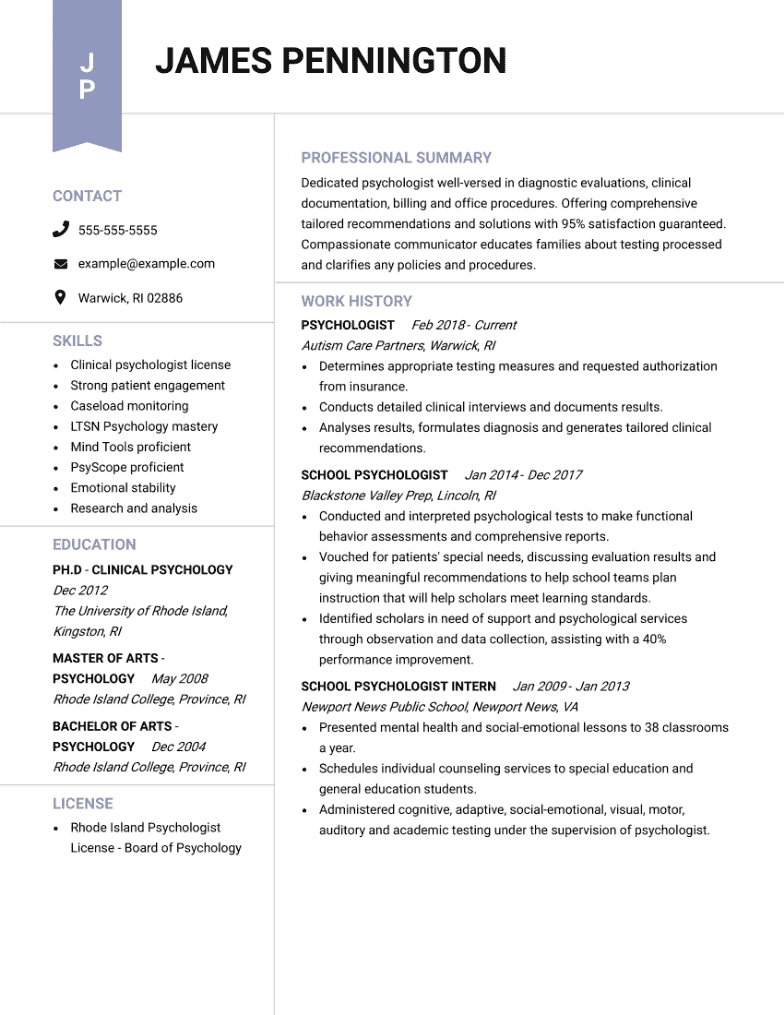 job description for resume psychology