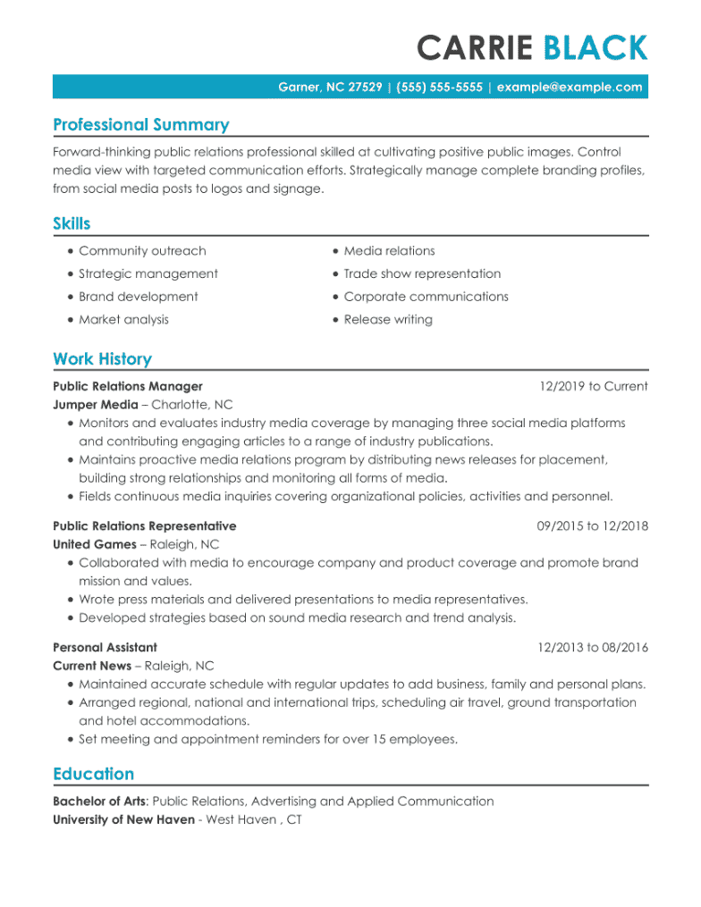 Public Relations Resume Example