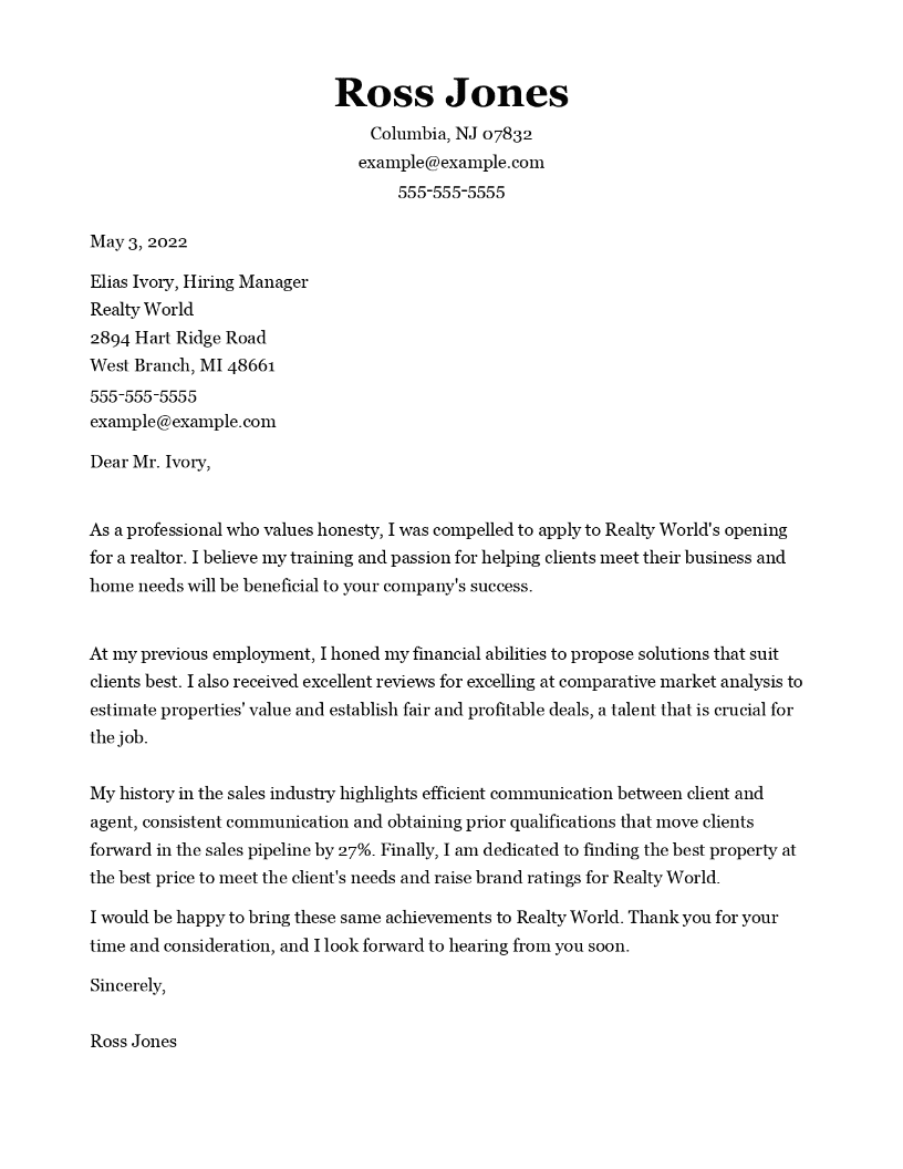 Professional Realtor Cover Letter Example