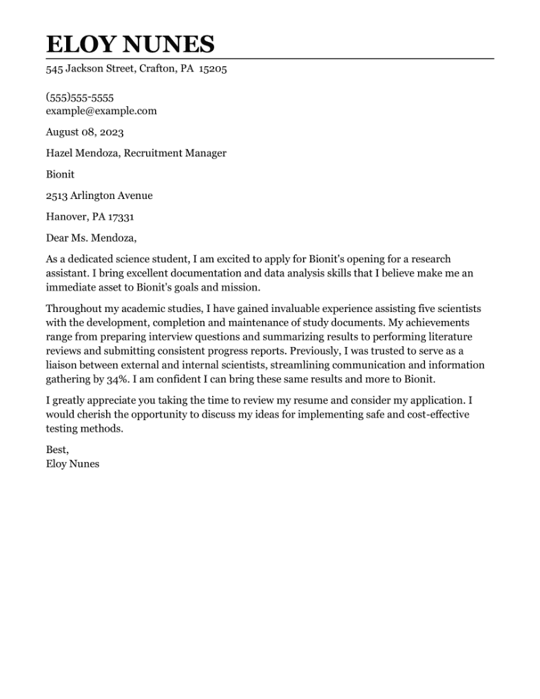 Science cover letter example