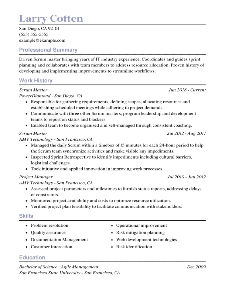 Best Scrum Master Resume Example for 2024