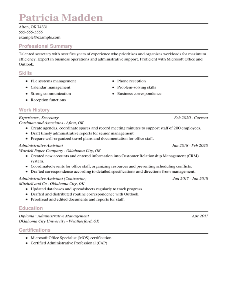 Secretary resume example