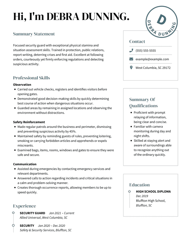 Security Guard Resume Example
