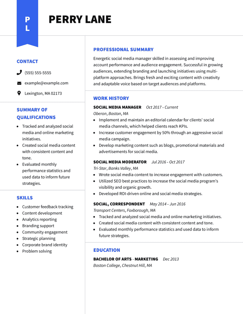 Social media resume example