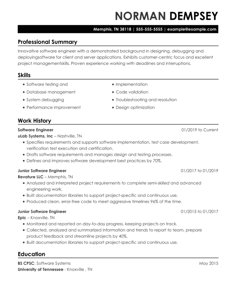 Software Engineer CV resume example with black bar in header.
