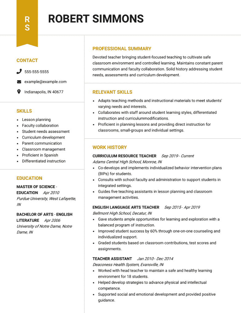 school teacher resume skills and abilities