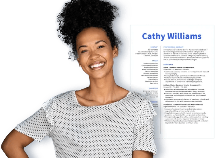 Smiling woman next to her resume built from our resume examples.