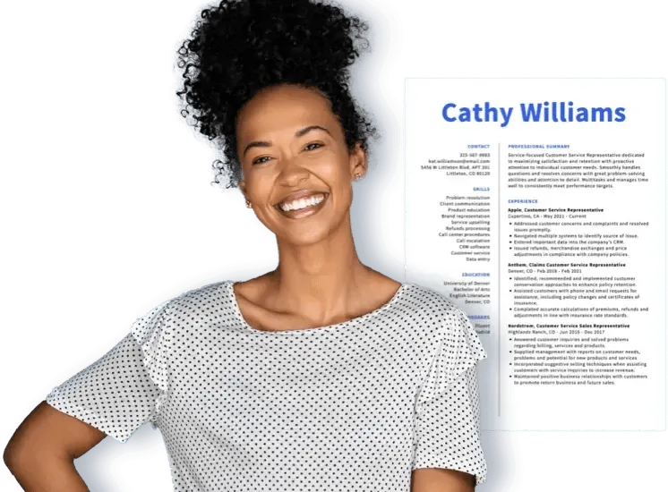 Smiling woman next to her resume built from our resume examples.