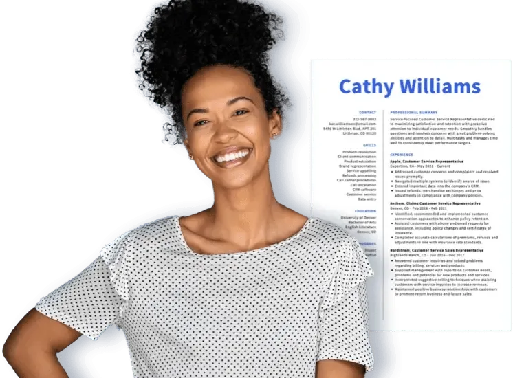 Smiling woman next to large resume formats example graphic.